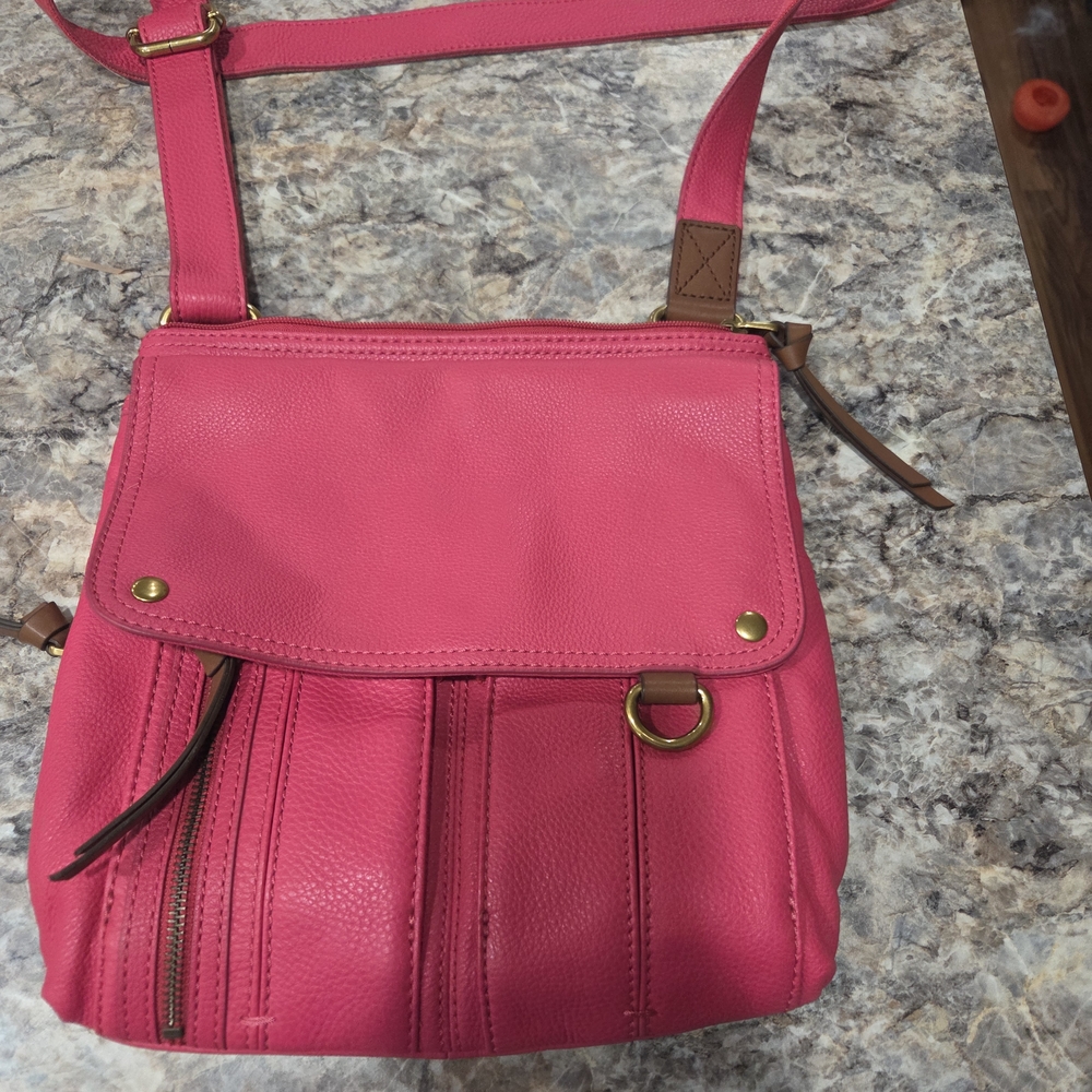Fossil Vibrant Pink Crossbody Bag with Brown Accents